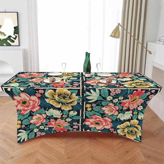 Lofaris Vintage Blossom Flower On Black Stretch Table Cover