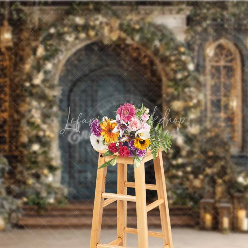 Lofaris Vintage Blue Door Christmas Backdrop Gold Floral Arch Lantern Photography Background