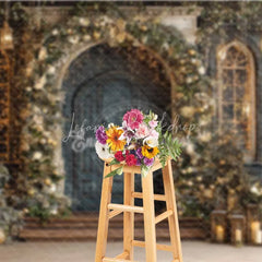 Lofaris Vintage Blue Door Christmas Backdrop Gold Floral Arch Lantern Photography Background