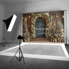 Lofaris Vintage Blue Door Christmas Backdrop Gold Floral Arch Lantern Photography Background