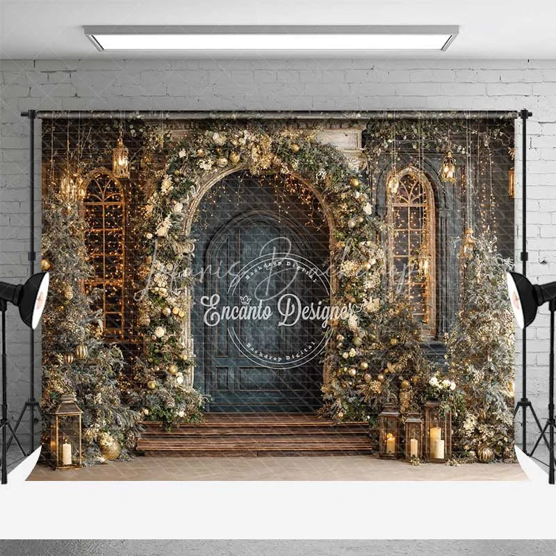 Lofaris Vintage Blue Door Christmas Backdrop Gold Floral Arch Lantern Photography Background