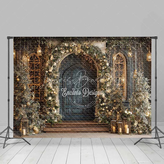 Lofaris Vintage Blue Door Christmas Backdrop Gold Floral Arch Lantern Photography Background