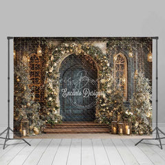 Lofaris Vintage Blue Door Christmas Backdrop Gold Floral Arch Lantern Photography Background