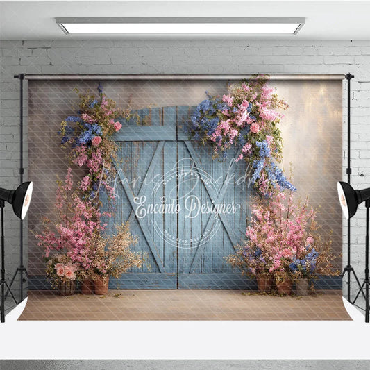 Lofaris Vintage Blue Door Photography Backdrop with Spring Flowers Rustic Painterly Wall Fine Art Photo Background