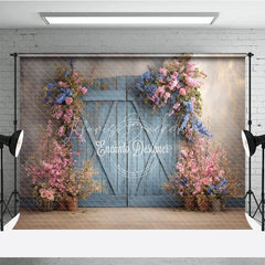 Lofaris Vintage Blue Door Photography Backdrop with Spring Flowers Rustic Painterly Wall Fine Art Photo Background