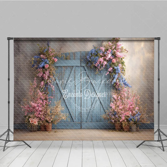 Lofaris Vintage Blue Door Photography Backdrop with Spring Flowers Rustic Painterly Wall Fine Art Photo Background