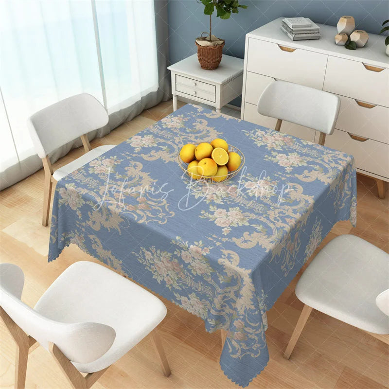 Lofaris Vintage Blue Floral Damask Rectangle Tablecloth Classic Rose Bouquet Pattern Table Cover for Dining