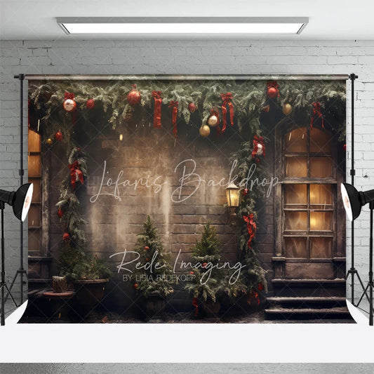 Lofaris Vintage Brick Wall Christmas Backdrop Snowy Garland Street Lamp Photography Background Old Town Winter Holiday Party Decor
