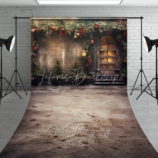 Lofaris Vintage Brick Wall Christmas Sweep Backdrop Snowy Garland Street Lamp Background Old Town Winter Holiday Party Decor