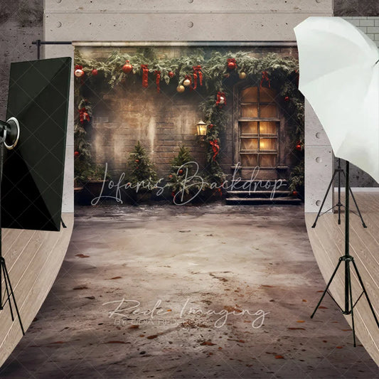 Lofaris Vintage Brick Wall Christmas Sweep Backdrop Snowy Garland Street Lamp Background Old Town Winter Holiday Party Decor