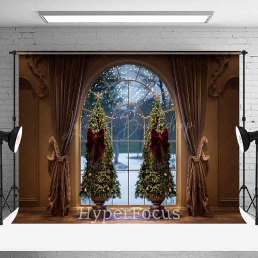 Lofaris Vintage Brown Curtain Tree Window Christmas Backdrop