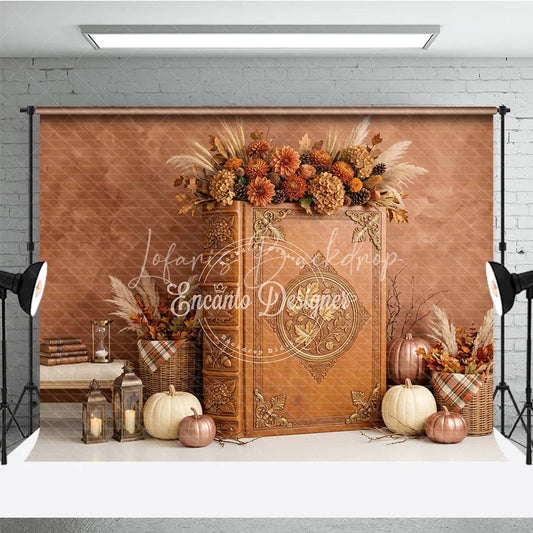 Lofaris Vintage Brown Ornate Book Photography Backdrop with Autumn Flowers Pumpkins and Cozy Fall Harvest Decor