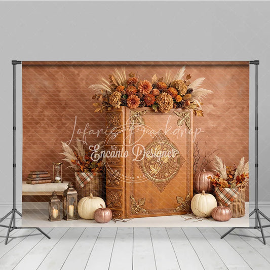 Lofaris Vintage Brown Ornate Book Photography Backdrop with Autumn Flowers Pumpkins and Cozy Fall Harvest Decor