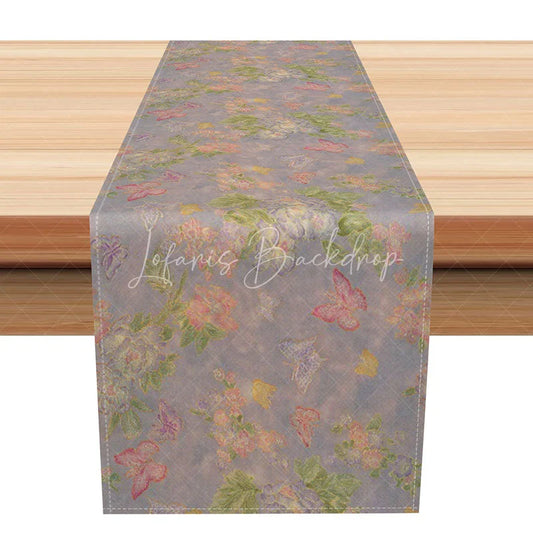Lofaris Vintage Butterfly and Floral Table Runner Grey with Pastel Flowers Elegant Shabby Chic Kitchen Decor