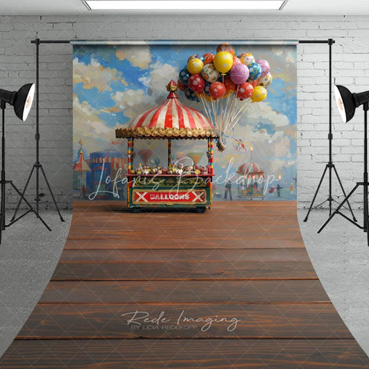 Lofaris Vintage Carnival Balloon Cart Sweep Backdrop Colorful Fairground Party Decor with Wooden Floor