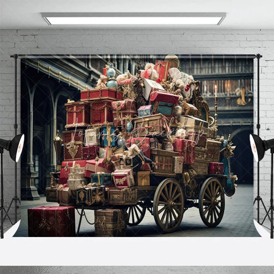 Lofaris Vintage Christmas Backdrop Antique Gift Cart Old Town Photography Background Rustic European Street Holiday Party Decoration