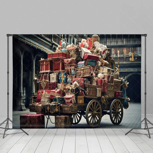 Lofaris Vintage Christmas Backdrop Antique Gift Cart Old Town Photography Background Rustic European Street Holiday Party Decoration