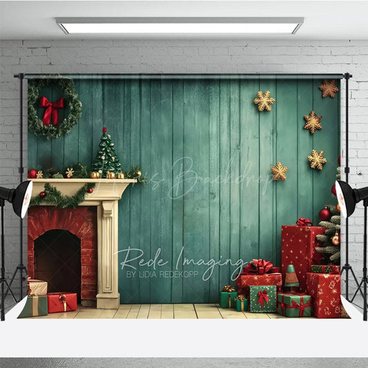 Lofaris Vintage Christmas Fireplace Photography Backdrop Teal Wood Wall with Tree and Presents Holiday Studio Photo Prop