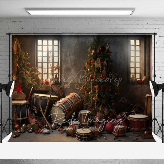 Lofaris Vintage Christmas Toy Room Photography Backdrop Rustic Workshop with Drums and Gifts Holiday Studio Photo Prop
