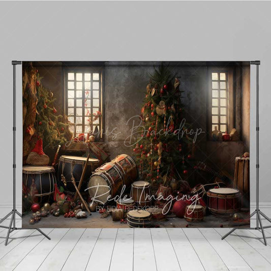 Lofaris Vintage Christmas Toy Room Photography Backdrop Rustic Workshop with Drums and Gifts Holiday Studio Photo Prop