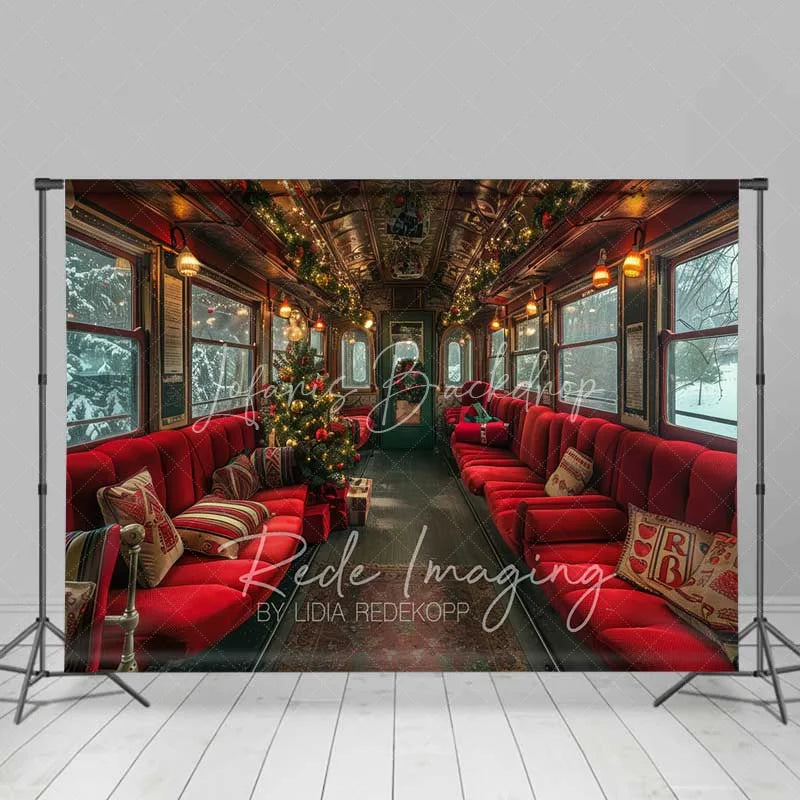 Lofaris Vintage Christmas Train Backdrop Red Seats Snowy Window Tree Journey Photo Background