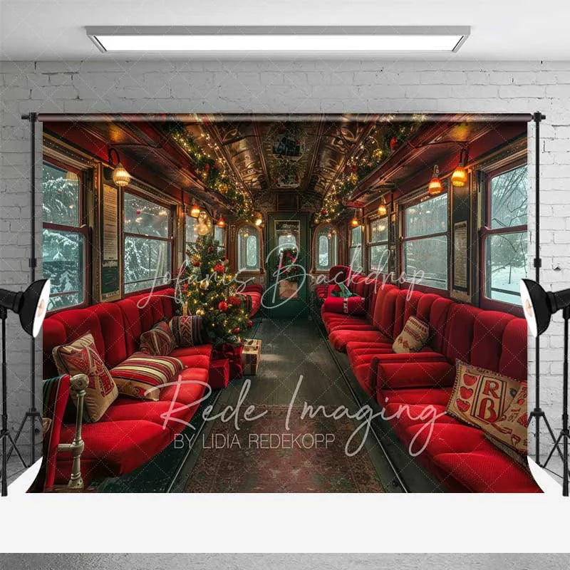 Lofaris Vintage Christmas Train Backdrop Red Seats Snowy Window Tree Journey Photo Background