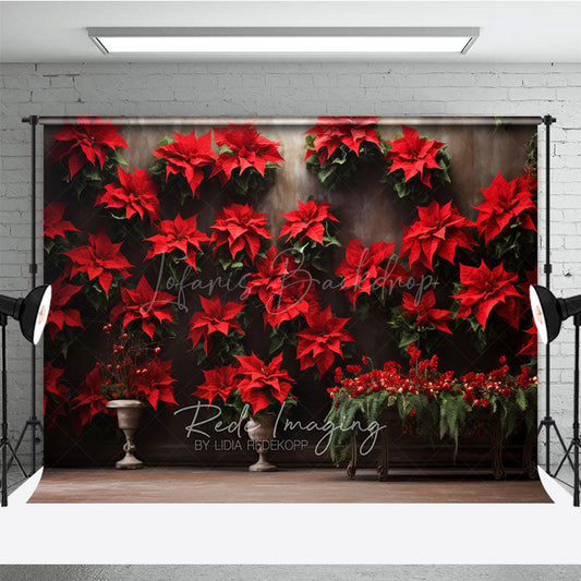 Lofaris Vintage Christmas Wall Photography Backdrop Red Poinsettia Flowers on a Moody Holiday Studio Photo Prop