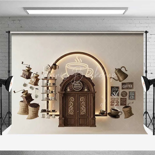 Lofaris Vintage Coffee Shop Backdrop Brown Wood Door Neon Sign Photography Background Cafe Barista Theme Party Decoration