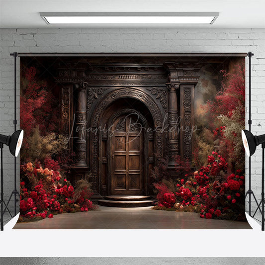 Lofaris Vintage Copper Door Red Floral Wedding Photo Backdrop