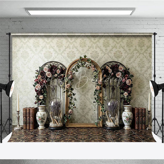 Lofaris Vintage Damask Wallpaper Photography Backdrop with Elegant Floral Arches Antique Books and Lavender Decor