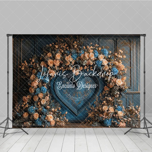 Lofaris Vintage Dark Blue Paneled Wall Photography Backdrop Roses and Hydrangea Heart Floral Arch Elegant Wedding Decor