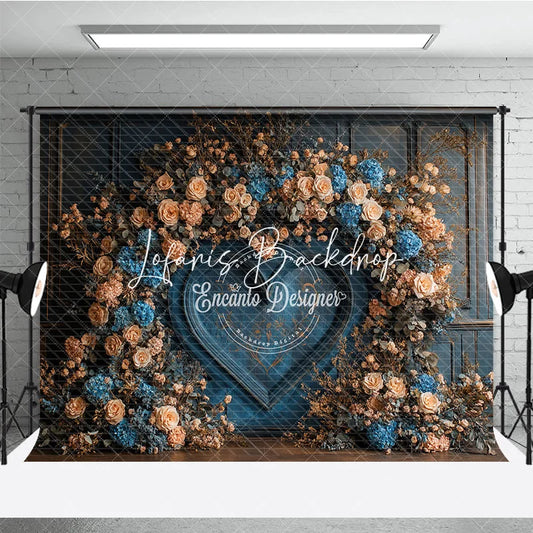 Lofaris Vintage Dark Blue Paneled Wall Photography Backdrop Roses and Hydrangea Heart Floral Arch Elegant Wedding Decor