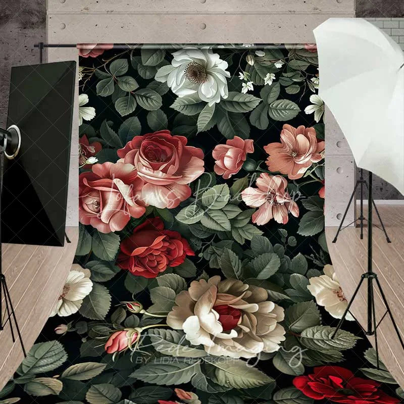 Vintage Dark Floral Sweep Backdrop, Moody Red Roses Pattern Photography ...