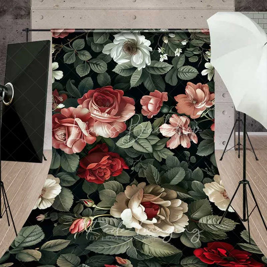Lofaris Vintage Dark Floral Sweep Backdrop Moody Red Roses Pattern Photography Floor Mat Romantic Garden Decoration
