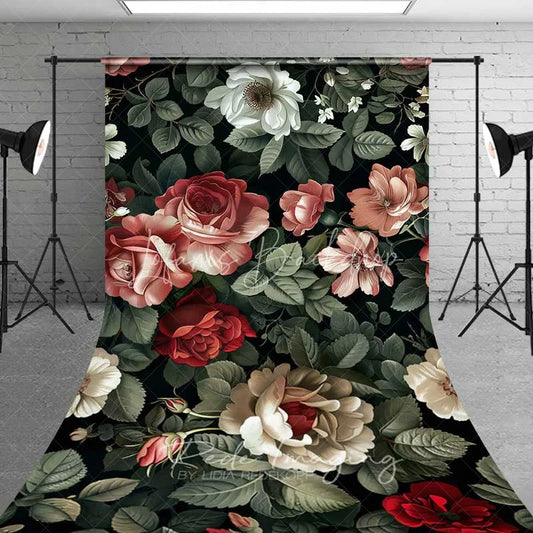 Lofaris Vintage Dark Floral Sweep Backdrop Moody Red Roses Pattern Photography Floor Mat Romantic Garden Decoration
