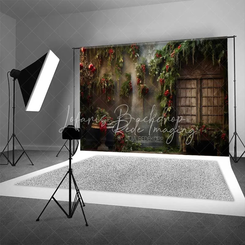 Lofaris Vintage Floral Christmas Backdrop Hanging Greenery Red Berries Old Window Photo Background