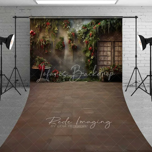 Lofaris Vintage Floral Grunge Sweep Backdrop Hanging Greenery Red Berries Old Window Floor Photo Background