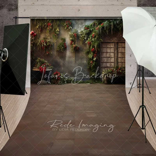 Lofaris Vintage Floral Grunge Sweep Backdrop Hanging Greenery Red Berries Old Window Floor Photo Background