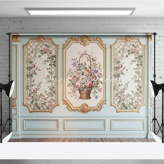 Lofaris Vintage Floral Rose and Flower Basket Photography Backdrop with Ornate Gold Frame Pastel Mint Green Wall Decor