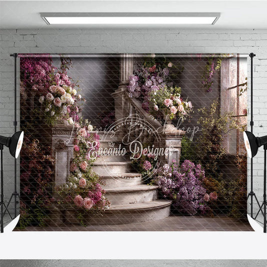 Lofaris Vintage Floral Staircase Photography Backdrop Elegant Garden Wedding and Portrait Decor