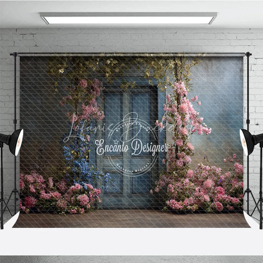 Lofaris Vintage Floral Wedding Backdrop Blue Wooden Door Photo Background Pink and Flowers for Bridal Shower Decor