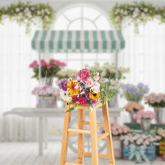 Lofaris Vintage Flower Cart Photography Backdrop with Striped Awning Arched Window and Pastel Roses for Spring Baby Shower