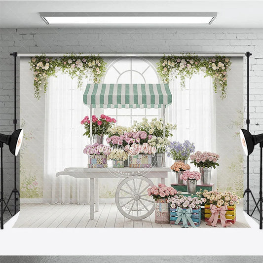 Lofaris Vintage Flower Cart Photography Backdrop with Striped Awning Arched Window and Pastel Roses for Spring Baby Shower