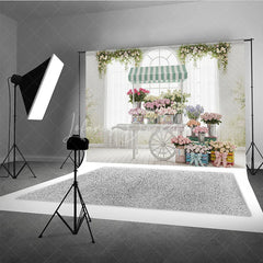 Lofaris Vintage Flower Cart Photography Backdrop with Striped Awning Arched Window and Pastel Roses for Spring Baby Shower
