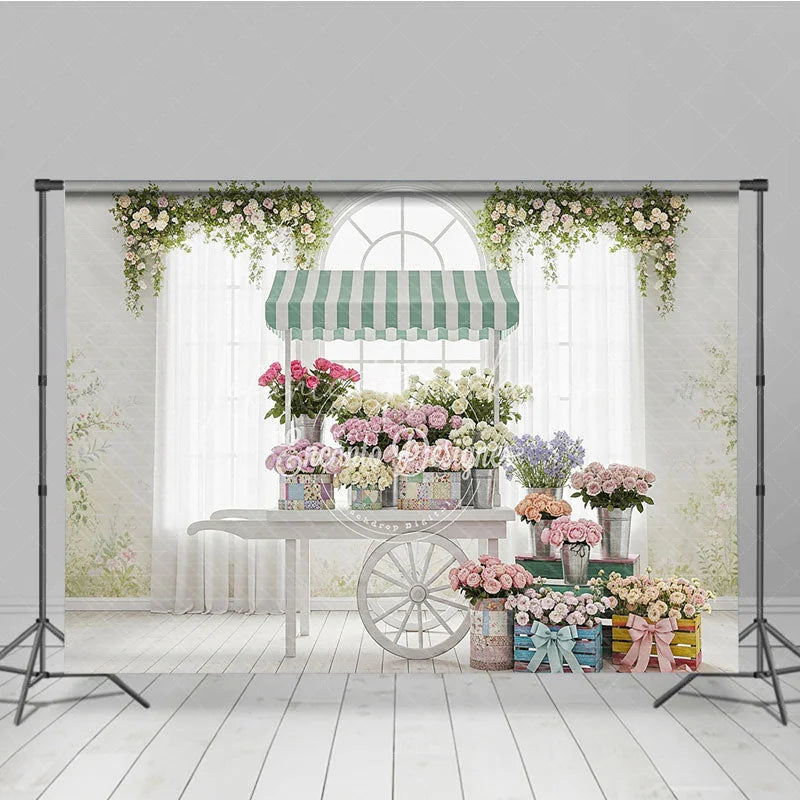 Lofaris Vintage Flower Cart Photography Backdrop with Striped Awning Arched Window and Pastel Roses for Spring Baby Shower