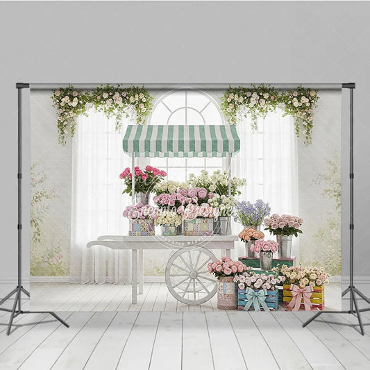 Lofaris Vintage Flower Cart Photography Backdrop with Striped Awning Arched Window and Pastel Roses for Spring Baby Shower
