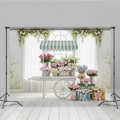 Lofaris Vintage Flower Cart Photography Backdrop with Striped Awning Arched Window and Pastel Roses for Spring Baby Shower
