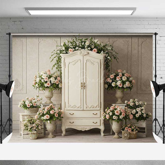 Lofaris Vintage French Armoire Wedding Backdrop Elegant White Wardrobe with Roses Shabby Chic Bridal Shower Photo Prop