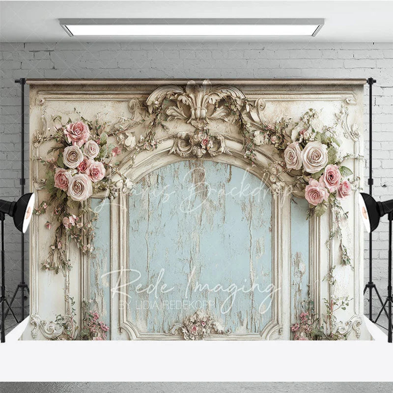 Lofaris Vintage French Carved Wall Photography Backdrop Shabby Chic Pink Floral Photo Background