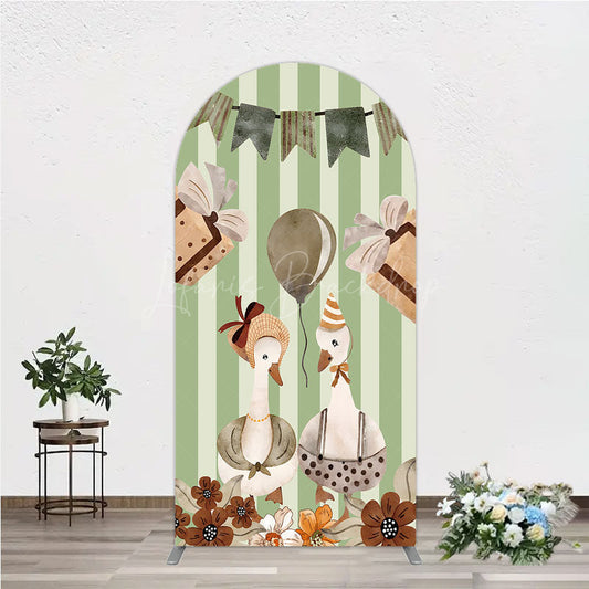 Lofaris Vintage Goose Couple Arch Backdrop for Birthday or Baby Shower Rustic Farm Themed Watercolor Storybook Decor